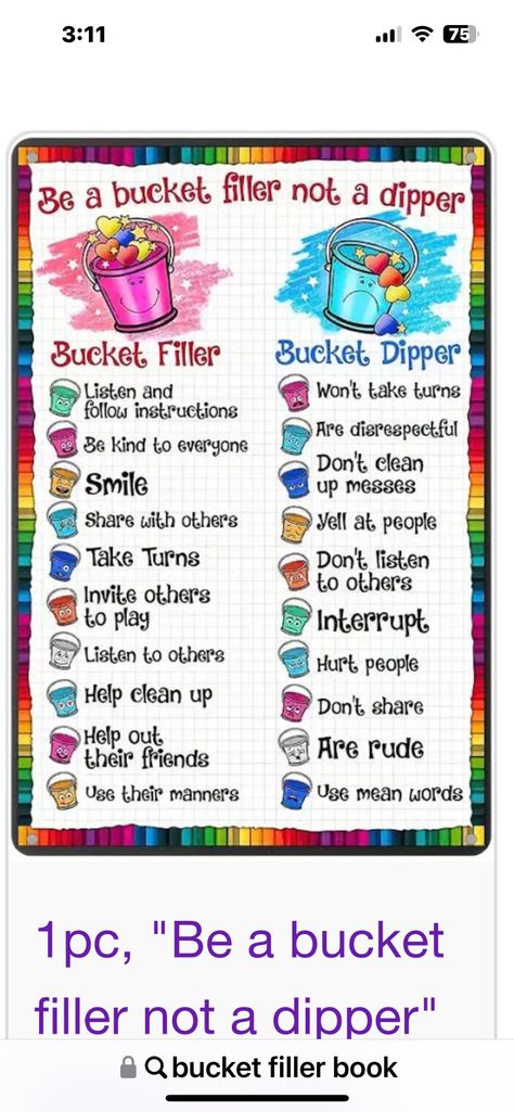 Bucket Dippers And Bucket Fillers, Bucket Filler Reward System, Be A Bucket Filler Not A Dipper, Bucket Filler Book, Classroom Aesthetic, Future Educator, Bucket Fillers, Fill Your Bucket, Emotions Preschool