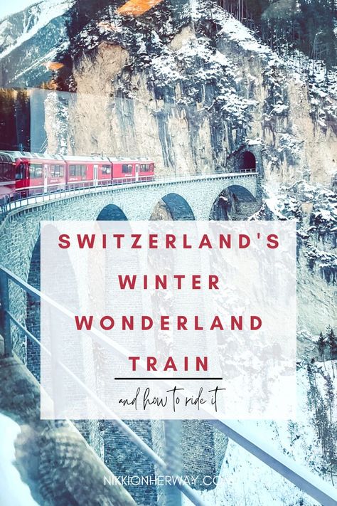 red train in Switzerland mountains on viaduct. Swiss Alps Winter, Switzerland Travel Winter, Switzerland Christmas, Switzerland In Winter, Europe Winter Travel, Travel To Switzerland, Things To Do In Switzerland, Bernina Express, Europe Train