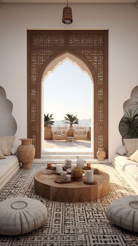 Moroccan Interior Design Moroccan Sitting Room, Moroccan Coastal Decor, Moroccan Style Apartment, Moroccan Style Homes, Moroccan Inspired Interiors, Arab Interior Design, Turkish House Interior, Modern Moroccan House, Arabian Interior Design