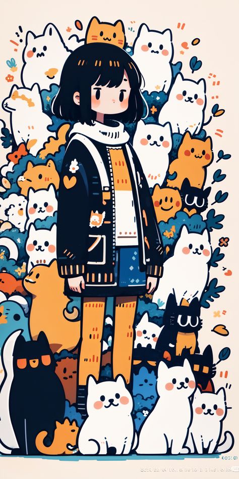 Flat Art Style, Different Art Styles Ideas Inspiration, Kawaii Illustration Art, Anime Illustration Art, Cute Illustration Art, Arte Nerd, Winter Cat, Winter Girl, Kawaii Illustration