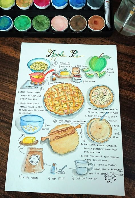 ApplePie Recipe Apple Pie Watercolor, Recipe Aesthetic Book, Recipe Journal Ideas Layout, Recipe Journal Ideas, Apple Pie Drawing, Apple Pie Illustration, Recipe Drawing Food Illustrations, Recipe Book Aesthetic, Apple Pie Aesthetic