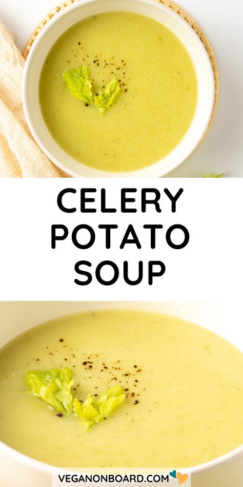 With just a few simple ingredients you can make this wholesome and nourishing celery potato soup. A quick and easy way to use up extra celery! Cream Celery Soup Recipes, Celery And Potato Soup Recipes, Celery Root Soup Recipes, Celery And Potato Soup, Potato And Celery Soup, Vegan Cream Of Celery Soup, Potato Celery Soup, Celery Soup Recipes Healthy, Celery Pulp Uses