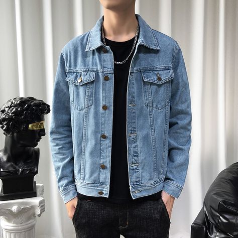 Fitted Jean Jacket, Print Outerwear, Casual Denim Jacket, Jackets Casual, Jean Jacket Men, Oufits Casual, Slim Fit Jackets, Blue Jean Jacket, Men Plus Size