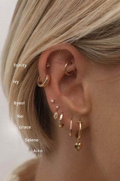 Ear Piercings Placement Chart, Minimalist Ear Piercings, Different Ear Piercings, Unique Ear Piercings, Ear Peircings, Ear Piercings Chart, Ear Art, Cool Ear Piercings, Pretty Ear Piercings