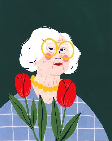 Gouache Portrait Illustration, Cute Portrait Illustration, Granny Illustration Art, Feminine Character Design, Illustration On Photo, Grandma Illustration, Tulip Illustration, Mom Illustration, Character Design Disney