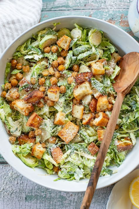 This Shaved Brussels Sprouts Caesar Salad is 100% dairy-free and totally tasty! A fall take on a classic salad recipe! Roasted Chickpeas Salad, Brussel Sprout Caesar Salad, Tofu Croutons, Chickpeas Salad, Vegan Chickpea Recipes, Shaved Brussel Sprouts, Vegan Caesar Salad, Fall Eats, Vegan Caesar