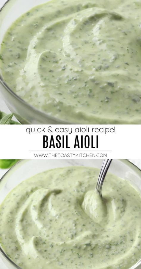 Basil aioli recipe by The Toasty Kitchen. Basil aioli is made with fresh basil, garlic, and lemon juice - bright, flavorful, and perfect for summer! It makes a great spread for sandwiches and burgers, or dipping sauce for fries. #basil #basilaioli #aioli #quickaioli #summeraioli #summerdips #summerspreads #freshbasil #dips #recipe Basil Sauce For Chicken, Basil Olive Oil Recipes, Basil Recipes Dinner Ideas Summer, Baking With Basil, Italian Dipping Sauce, Fresh Basil Ideas, Recipes Using Fresh Basil, Best Dips Recipes, Dipping Sauce For Veggies