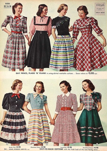 Eight charmingly lovely, youthful dress styles from 1948....you can see the full skirts of the fifties coming on... Forties Fashion, Fashion 1940s, 1940's Fashion, 20th Century Fashion, Look Retro, 40s Fashion, 1940s Fashion, Moda Vintage, 50s Fashion