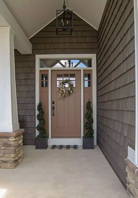 Front Door And Sidelights Painted, Brown Painted Door Exterior, Brown House With Colored Front Door, Front Door For Brown House, Boho Front Door Colors, Front Door Color With Brown House, Painted Brown Front Door, Brown House Front Door Color Ideas, Front Door Color Brown House