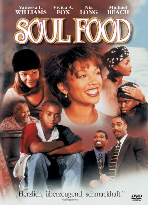 SOUL FOOD centers on the trials of an extended African-American family, held together by longstanding family traditions which begin to fade as serious problems take center stage. / dir. by George Tillman Jr., 1997. Soul Food Movie, Black Love Movies, Food Movie, African American Movies, Old School Movies, Black Tv Shows, Food Film, Sunday Dinners, Vivica Fox