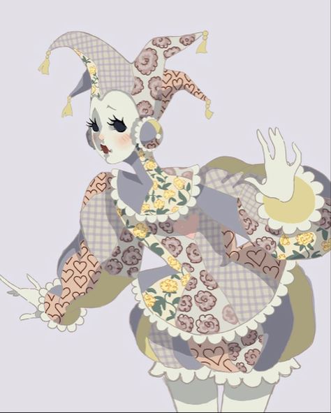 by maxmckerlie_art Female Court Jester, Clown Character Design Girl, Clown Ocs Drawing, Female Jester Character Design, Perriot Clown Aesthetic, Jester Drawing Reference, Clown Ruffle Collar Drawing, Female Jester Art, Clown Mask Aesthetic