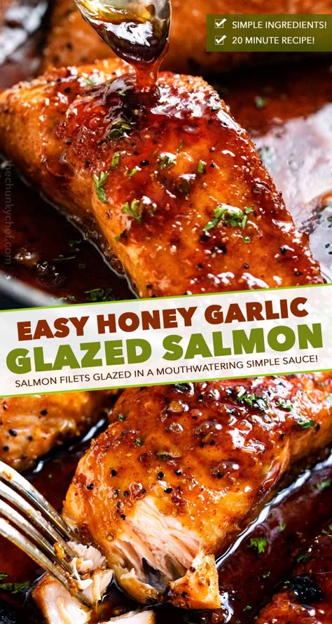 HONEY GARLIC SALMON - Succulent and tender salmon filets cooked in a mouthwatering simple honey garlic sauce, then broiled until sticky and caramelized.  Made with simple ingredients, in one pan, and in just 20 minutes! #salmon #honeygarlic #onepan #easyrecipe #dinner #seafood #fish Honey Garlic Glazed Salmon, Honey Salmon Recipes, Dinner Seafood, The Chunky Chef, Salmon Recipes Baked Healthy, Salmon Filets, Chunky Chef, Salmon Glaze Recipes, Honey Garlic Salmon