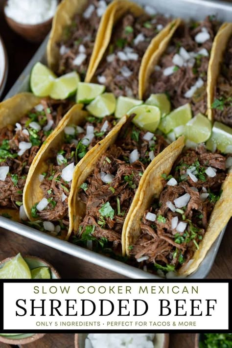 Learn how to make slow cooker shredded beef with this super easy 5-ingredient Mexican shredded beef recipe. It’s perfect for tacos, burrito bowls, nachos, and more. Lean beef shoulder roast is slow cooked in a spicy tomato sauce until it’s fall apart tender. Smoked Pulled Beef, Pulled Beef Tacos, Slow Cooker Mexican Shredded Beef, Slow Cooker Beef Tacos, Beef Shoulder Roast, Beef Shoulder, Beef Shank Recipe, Slow Cooker Shredded Beef, Shredded Beef Recipes