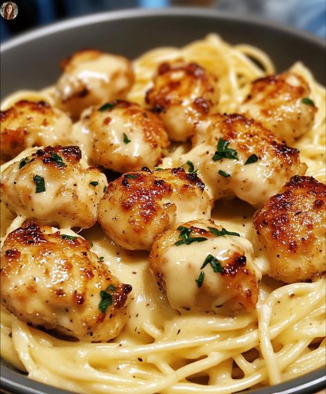 Try this delicious and easy Garlic Butter Chicken Bites recipe with Creamy Parmesan Pasta. A quick dinner that will please everyone. Yummy Chicken Pasta Recipes, Garlic Chicken Bites With Creamy Pasta, Cute Easy Food Recipes, Garlic Butter Chicken Bites With Creamy Parmesan Pasta Ree Drummond, Easy Cholesterol Friendly Recipes, Butter Garlic Chicken Bites, Garlic Butter Pasta With Chicken, Easy Creamy Garlic Pasta, Crispy Garlic Butter Chicken