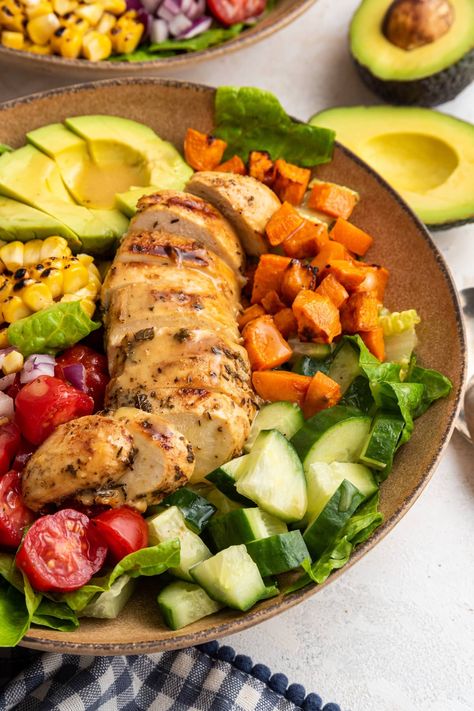 Potatoes And Avocado, Homemade Honey Mustard Dressing, Veggies Grilled, Sweet Potato Salad Recipe, Avocado Salad Dressing, Homemade Honey Mustard, Eating Bird Food, Chicken Fresh, Easy Grilled Chicken