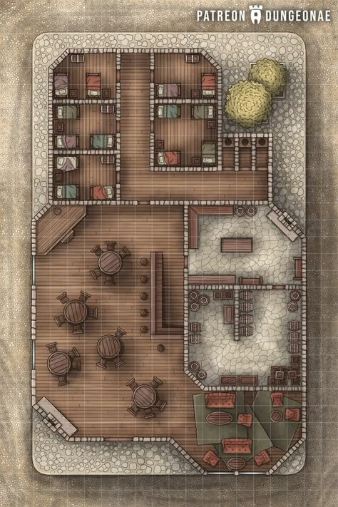 Dnd 5e Tavern Map, Inn Dnd Map, D&d Tavern Map, Dnd House Map, House Battlemap, Dnd Tavern Map, Tavern Battlemap, Taverna Medieval, Dnd Tavern