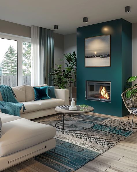 Torquise And Grey Living Room, Teal Farmhouse Living Room, Living Room Inspiration Teal, Living Room With Colour Accents, Color Palette Interior Design Living Room, Teal Color Schemes Living Room, Sitting Room Paint Ideas, Navy Teal Living Room, Colourful Lounge Ideas