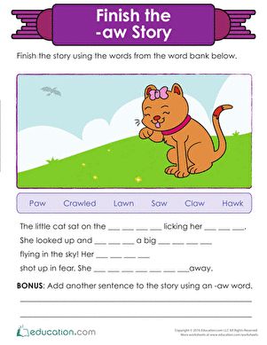 Use this story worksheet to practice the diphthong -aw with your students. Mastery of this common diphthong can help increase first graders' reading fluency. Use on its own or with the lesson plan Did You Know -aw Makes the Same Sound as the Short O? #educationdotcom Aw Sound Words, Finish The Drawing Worksheets, Aw Words, Story Worksheet, Advance English, Teaching Character, Phonics Posters, Phonics Practice, Sight Word Worksheets