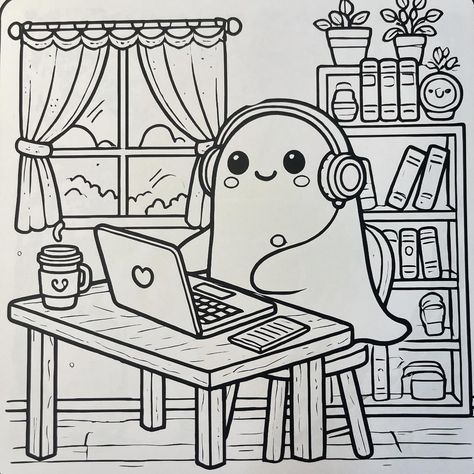 Look at this cutie spooky ghost chillin'. A cute coloring page in my new book " Spooky Cutie". Swipe to fill color 🥰 #cuteghosts #spookycutie #halloween #coloringbookforadults #funnyghost #lovehalloween🎃 Spooky Vibes Coloring Pages, Coloring Pages Colored, Coloring Book Art Halloween, Cozy Girl Coloring Page, Cocowyo Coloring Pages Halloween, Ghost Colouring Page, Theater Coloring Pages, Cute Halloween Coloring Pages For Adults, Cute Halloween Colouring Pages