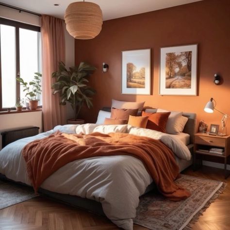 White Bedding Burnt Orange Accents, Beige Orange Bedroom, Rust Orange Bedroom Decor, Cozy Bedroom With Dark Wood Furniture, Bedroom Orange Aesthetic, Bedroom Inspirations Orange, Orange House Interior, Orange Wall Bedroom, Dark Orange Bedroom