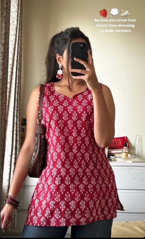 Kurta Tops For Jeans, Desi Shirt Designs, Short Kurtis And Jeans, Short Kurti Ideas With Jeans, Kurti Jeans Outfit Aesthetic, Traditional Short Kurti, How To Style Short Kurti With Jeans, Short Tops Designs For Jeans, Short Kurtis For Jeans Indian