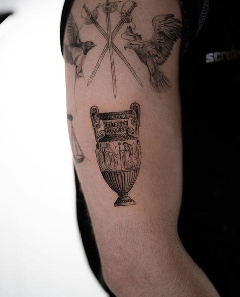 Tattoo uploaded by Ion Caraman • Experience intricate artistry with this micro-realism and illustrative tattoo of a Greek vase by Ion Caraman. Patchwork Tattoo Ideas Greek, Greek Mythology Vase Tattoo, Roman Painting Tattoo, Historic Tattoo Ideas, Ancient Rome Inspired Tattoos, Greek Coin Tattoo, Roman Pottery Tattoo, Famous Paintings As Tattoos, Greek Jar Tattoo