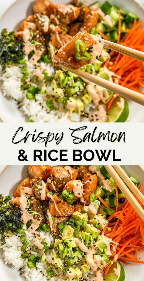 You'll love the flavor in these crispy salmon bowls with rice! They have the perfect balance of lightly crispy but still tender salmon bites paired with fresh veggies, sushi rice, a little bit of nori, and spicy mayo. Salmon Bowls, Crispy Salmon, Salmon Rice Bowl, Salmon Rice, Salmon Bites, Healthy Bowls Recipes, Salmon And Rice, Spicy Mayo, Healthy Bowls