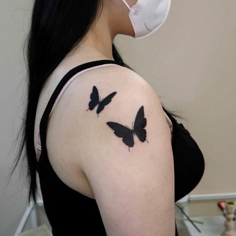 Solid Black Butterfly Tattoo, Butterfly Tattoo Cover Up, Black Butterfly Tattoo, Butterfly Tattoo Ideas, Small Star Tattoos, Butterfly Hand Tattoo, Butterfly Wrist Tattoo, Butterfly Tattoo Meaning, Solid Black Tattoo