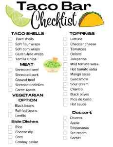 How to Throw a Taco Bar Party (Printable Taco Bar Checklist Included) Taco Party Food List, Taco Bar Shopping List, Taco Bar Grocery List, Taco Bar Party Checklist, Taco Bar Potluck Ideas, Taco Bar Checklist Printable, Taco Bar Sign Up Sheet, Nacho Bar Toppings List, Taco Bar Halloween Party