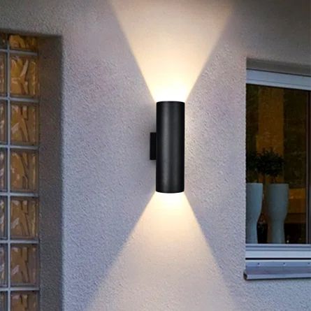 Ivy Bronx Manseau 2 - Bulb Matte Black Outdoor Armed Sconce | Wayfair Modern Black Outdoor Light Fixtures, Up/down Light Wall Sconces, Outdoor Lighting Black, Exterior Sconces Modern, Modern Garage Lights, Modern Garage Lights Exterior, Exterior Lights On House Modern, Garage Sconces Outdoor Lighting, Outdoor Wall Sconces Exterior Lighting