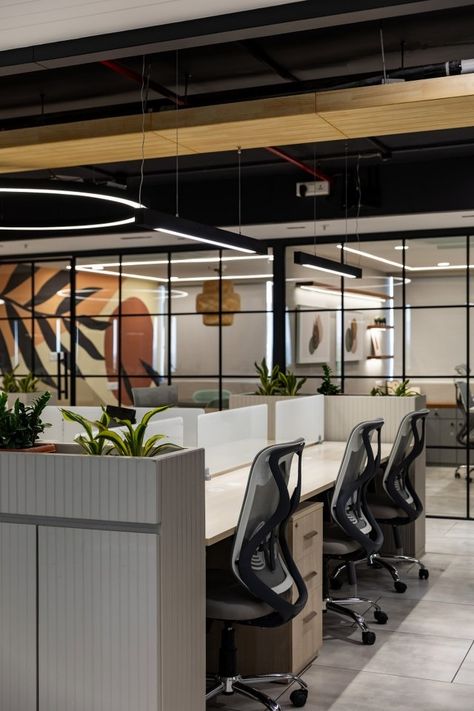 The Interior Design Of Office Create A Seamless Loop Of Circulation | Studio Pushp Coworking Office Design, Contemporary Office Interiors, Office Design Concepts, Open Concept Office, Commercial Office Design, Small Office Design, Office Interior Design Modern, Office Renovation, Office Space Design