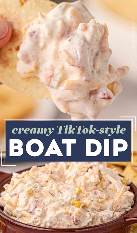 This creamy party-ready boat dip is a fun twist on the TikTok classic. You'll only need a handful of ingredients and no fancy tools, and you'll have a cool, creamy, and ultra-flavorful ranch dip that is perfect for any party, or for taking to the pool, lake, or beach! Hawaiin Party Dip, Lake Dip Recipe, Easy Snacks For The Beach, Tik Tok Boat Dip, Pool Dip Recipe, Party Chips And Dip, Pool Side Dip, Beach Dips, Pool Snacks For Adults