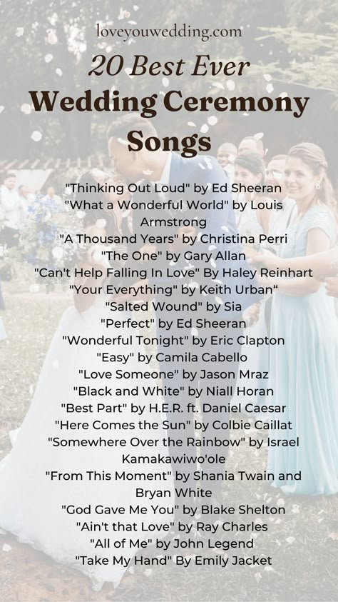 Slow Wedding Songs, Ceremony Songs Wedding, Songs For Wedding Ceremony, Music For Wedding Reception, Wedding Song List Checklist, Wedding Ceremony Song List, Wedding Songs Playlist, How Many Songs For Wedding Ceremony, Country Wedding Playlist