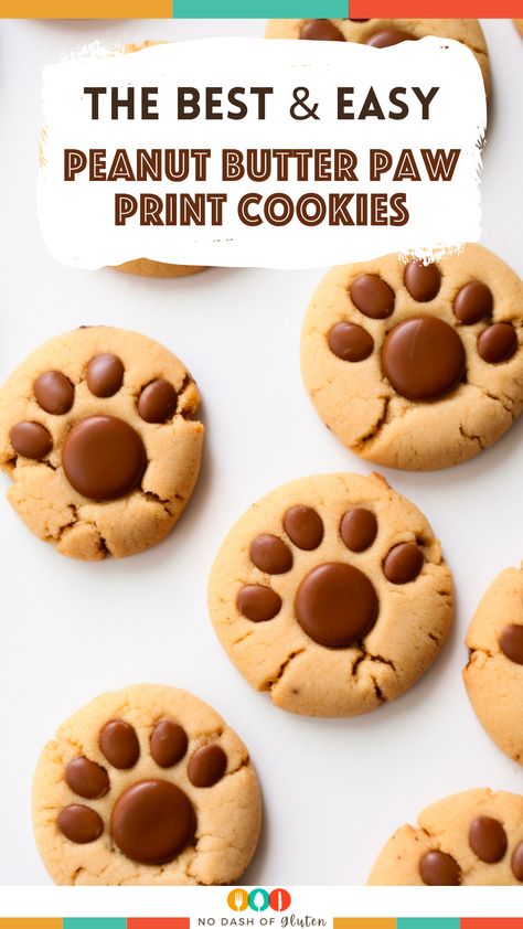 Dog Paw Peanut Butter Cookies, Paw Cookies Recipe, Peanut Butter Bear Paw Cookies, Peanut Butter Paw Cookies, Bear Paw Peanut Butter Blossom Cookies, Paw Print Peanut Butter Blossoms, Puppy Themed Desserts, Dog Print Cookies, Chocolate Peanut Butter Cookies Easy