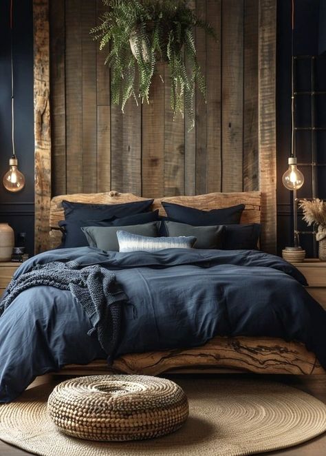 Navy Blue Bedrooms Ideas, Mountain House Master Bed, Moody Aesthetic Bedroom, Blue Earthy Bedroom, Cozy Blue Bedroom Ideas, Moody Airbnb, Blue And Wood Bedroom, Moody Bedroom Cozy, Natural Bedroom Aesthetic