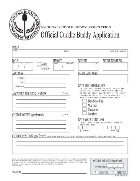 16 Funny & Cute Cuddle Buddy Application Cuddle Application Form, Cuddle Application, Cuddle Buddy Application, Benefits Of Cuddling, Professional Cuddler, Navy Quotes, Romantic Stuff, Online Dating Websites, Personal Things