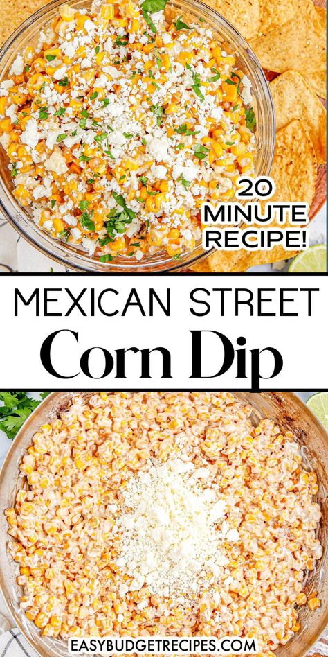 20-minute magic! This quick and easy Mexican Street Corn Dip is the perfect appetizer to liven up any gathering. Serve this side dish hot or cold. Follow us for more easy dips recipes! Mexican Corn Dip, Easy Mexican Street Corn Dip, Street Corn Dip, Easy Mexican Street Corn, Mexican Street Corn Dip, Street Corn Recipe, Corn Dip Recipes, Mexican Appetizers, Mango Avocado Salsa