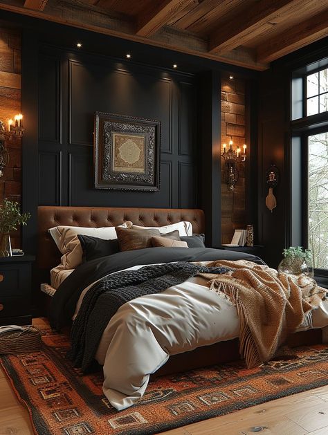 Glam Bedroom Decor, Masculine Bedroom, Feminine Bedroom, Black Interior Design, Glam Bedroom, Dark Bedroom, Casa Country, Mens Bedroom, Couple Bedroom