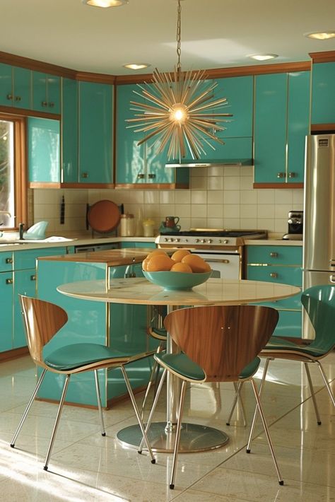 Atomic Age House, Space Age Mid Century Modern, Vintage Orange Kitchen, Retro Kitchen Backsplash, Space Age Kitchen, Slytherin Decor, 1950s Aesthetic, 50s Home, 50s House