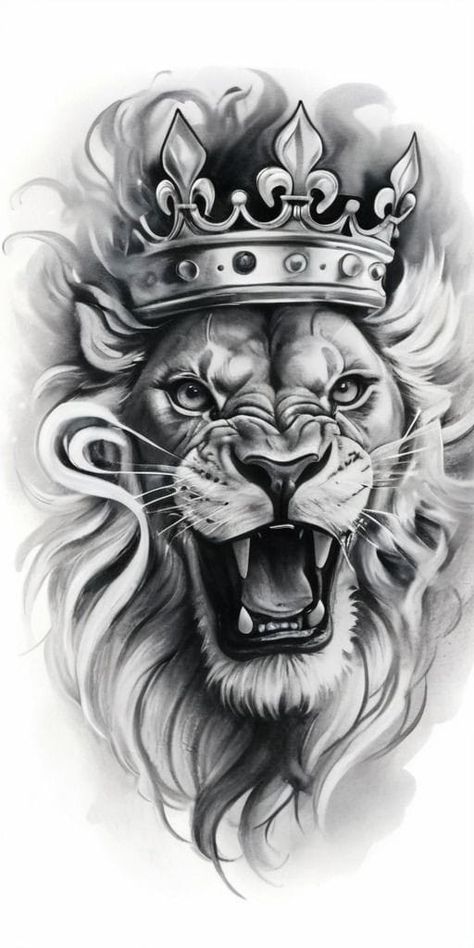 Crowned Lion Tattoo, Lion And Crown Tattoo Design, Lion Back Tattoo Design, Crown Design Tattoo, Lion With Crown Drawing, Crown Lion Tattoo, Lion Head Tattoo Stencil, Lion Tattoo Design Stencil, Lion Roaring Tattoo