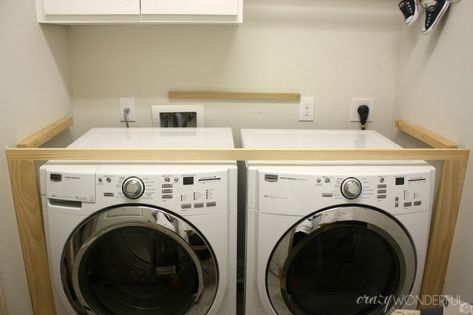 DIY built in washer + dryer - Crazy Wonderful Laundry Room Countertop, Laundry Room Storage Shelves, Room Storage Diy, Laundry Room Closet, Laundry Room Renovation, Laundry Room Inspiration, Laundry Room Remodel, Laundry Room Diy, Laundry Closet