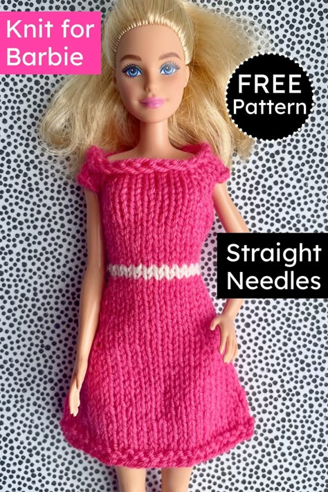 Free cute barbie doll dress knitting pattern for straight needles with yarn scraps. Fits any 11.5 inch fashion dolls. Barbie Sweater, Knitted Dolls Clothes, Dress Knitting Pattern, Crochet Barbie Patterns, Barbie Doll Dress, Barbie Doll Patterns, Yarn Scraps, Dress Knitting, Crochet Dress Pattern Free