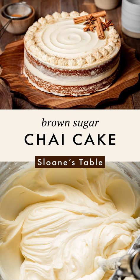 This brown sugar chai cake consists of two moist cake layers filled with warm & cozy spices that are wrapped up in a sweet, yet tangy cream cheese frosting. It's a simple festive cake that's sure to impress and feed a crowd! Chai Cake, Moist Cakes, Baking Sweets, Eat Dessert, Cakes And Cupcakes, Let Them Eat Cake, Just Desserts, Cake Desserts, Eat Cake