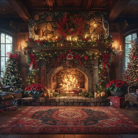 Christmas Stone Fireplace, Fireplaces Ideas Living Room, Christmas Interior Decor, Castle Christmas, Fireplace Stockings, Beautiful Christmas Scenes, Stockings Christmas, Days Till Christmas, Christmas Scenery