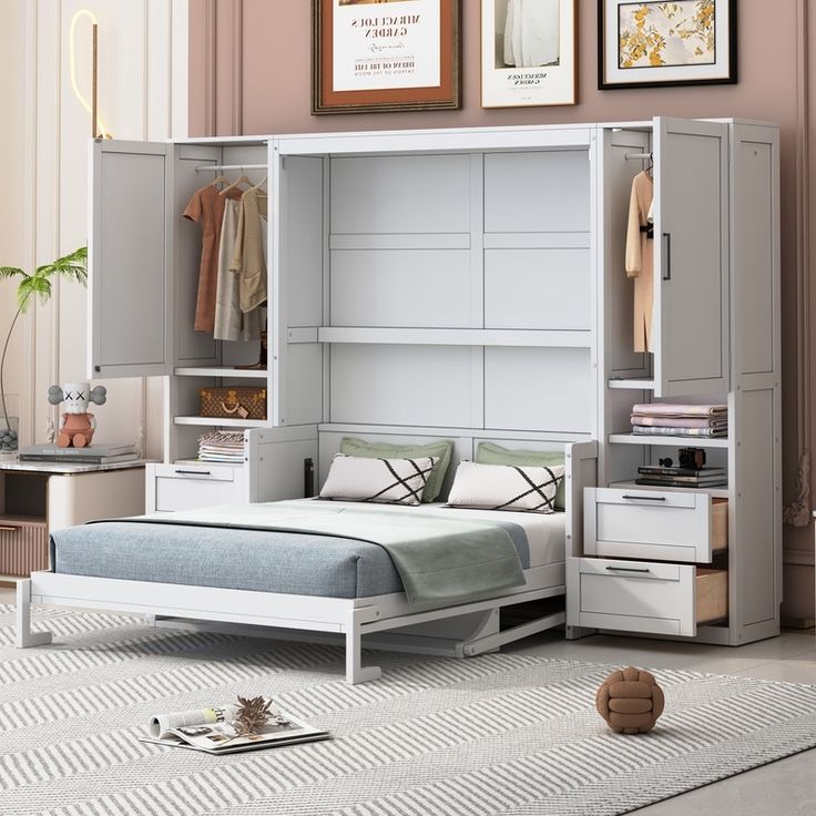 [Space-saving Design] Transform any room into a multifunctional space with our Murphy Bed. When not in use, simply fold it up to create more floor space for activities. Bed With Wardrobes Either Side, Murphy Beds For Small Spaces, Bed With Closet, Queen Size Murphy Bed, Murphy Bed Wall, Cluttered Bedroom, Bed With Wardrobe, Beds For Small Spaces, Queen Murphy Bed