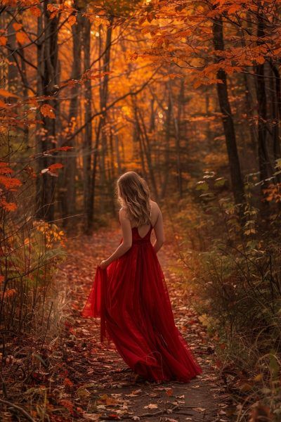 a woman in a red dress is walking through the woods with leaves on the ground