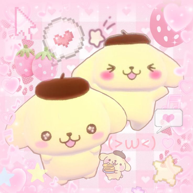 two kawaies are standing next to each other in front of a pink background