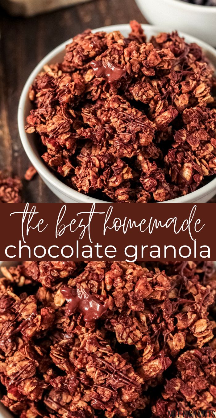 Chocolate granola in a bowl Double Chocolate Granola, Homemade Granola Chocolate Chip, Granola Clusters Recipe Nut Free, Chocolate Granola Recipe Homemade, Copycat Love Crunch Granola, Brownie Granola Recipe, Cocoa Granola Recipe, Homemade Granola Chocolate, Dark Chocolate Granola Recipe