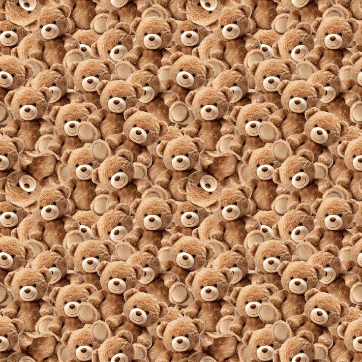 a large group of teddy bears with eyes on them's faces, all in the same pattern