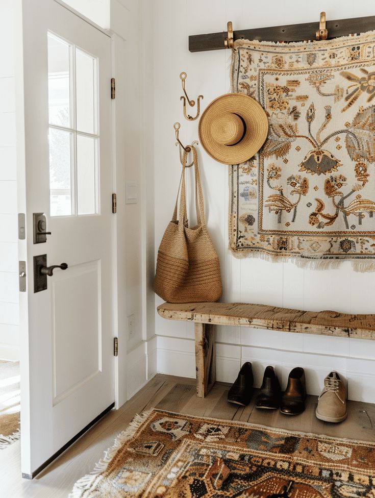 Rustic Boho Entryway Design: Antique Brass Hooks and Bohemian Tapestry Boho Entryway Rug, Boho Entryway Door, Front Door Bench Entryway Bohemian, Boho Welcome Mat, Entryway Shelf With Hooks Boho, Entryway Designs, Bedroom Guide, Boho Entryway, Entryway Design